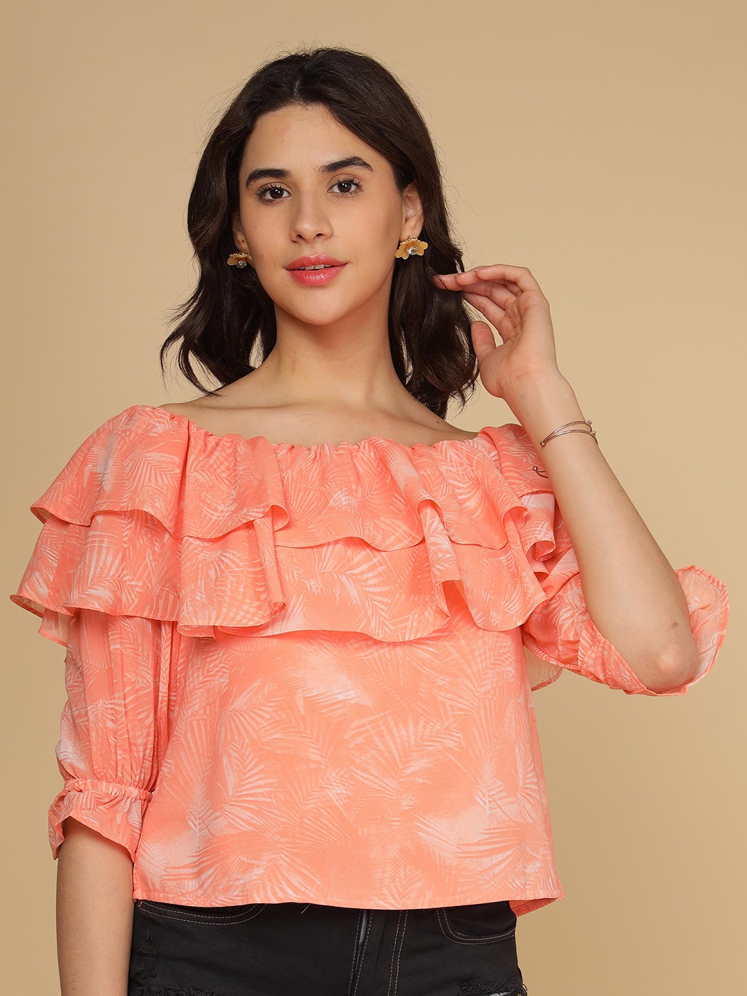 

Polago Clothing Off-Shoulder Ruffles Bardot Crop Top, Peach