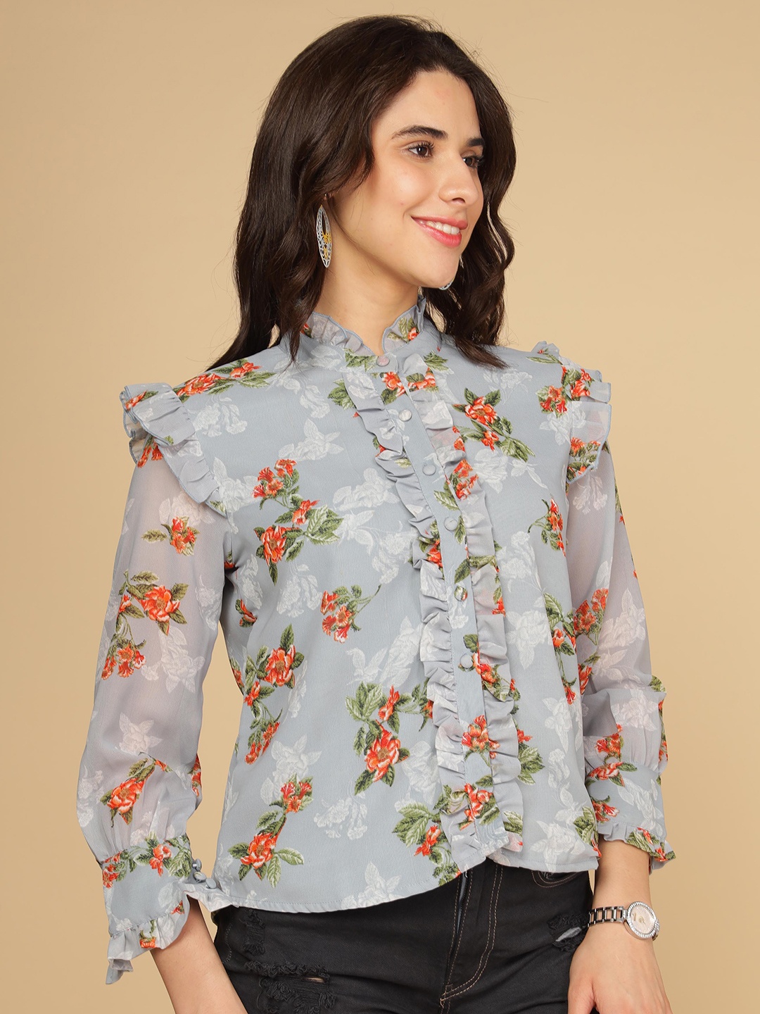 

Polago Clothing Floral Printed Ruffle Cotton Shirt Style Top, Blue