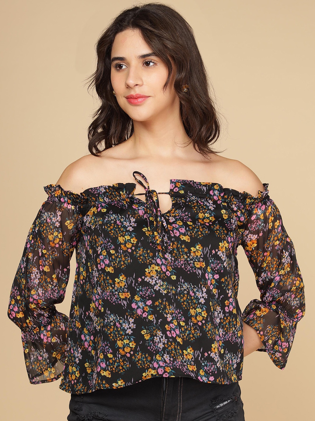 

Polago Clothing Floral Printed Off-Shoulder Cotton Bardot Top, Black