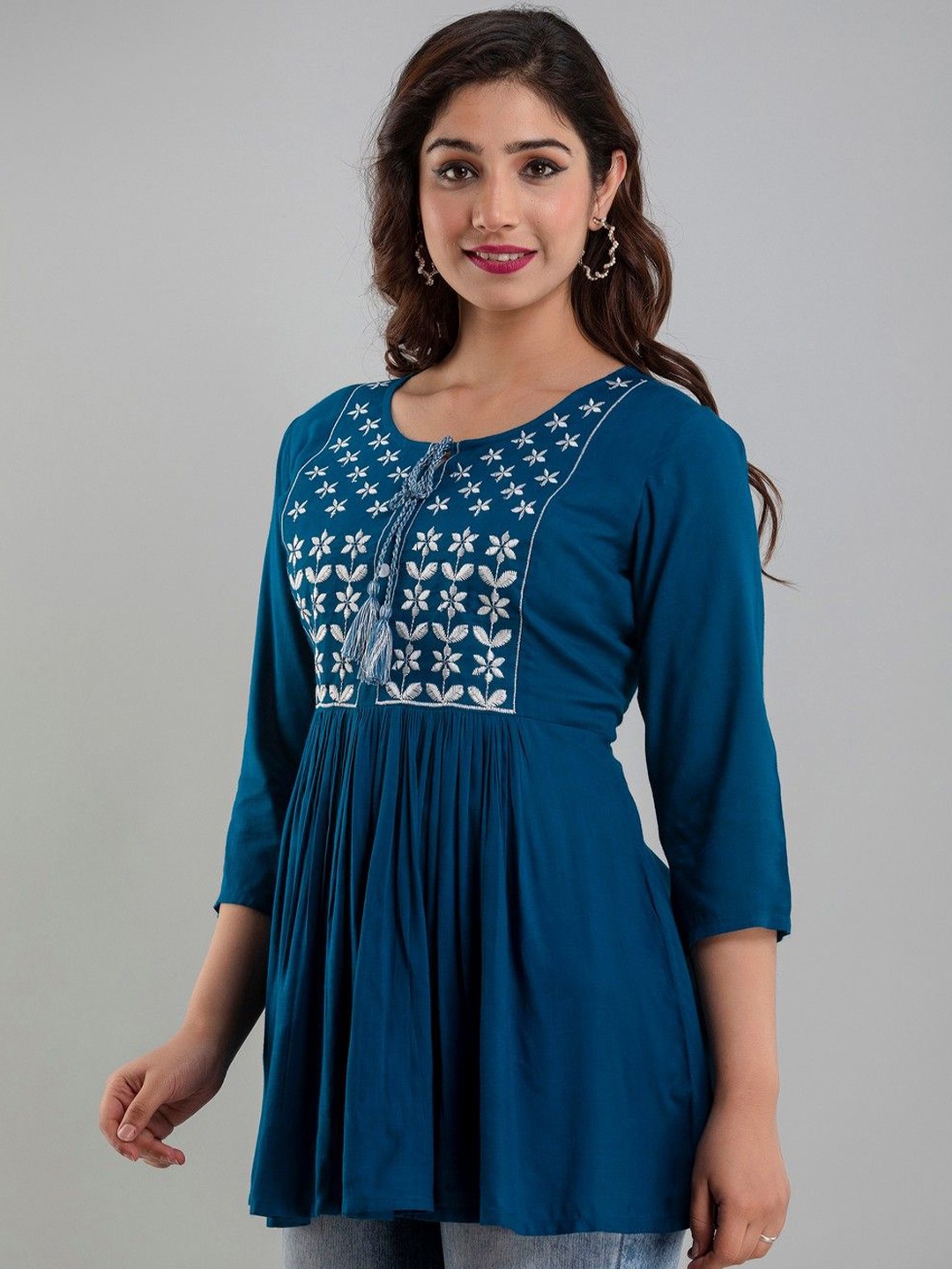 

Rubellite Embroidered Tie-Up Neck A-Line Top, Blue