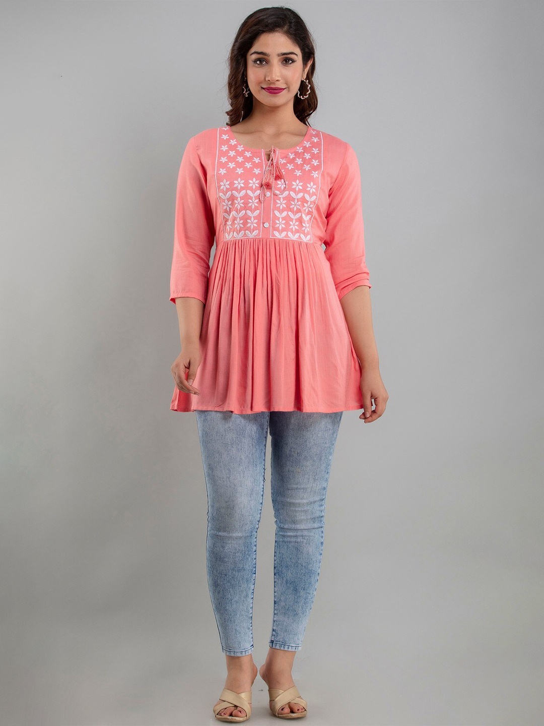 

Rubellite Embroidered Tie-Up Neck A-Line Top, Pink