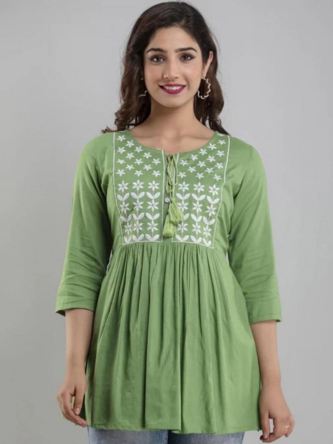 

Rubellite Embroidered Tie-Up Neck A-Line Top, Green