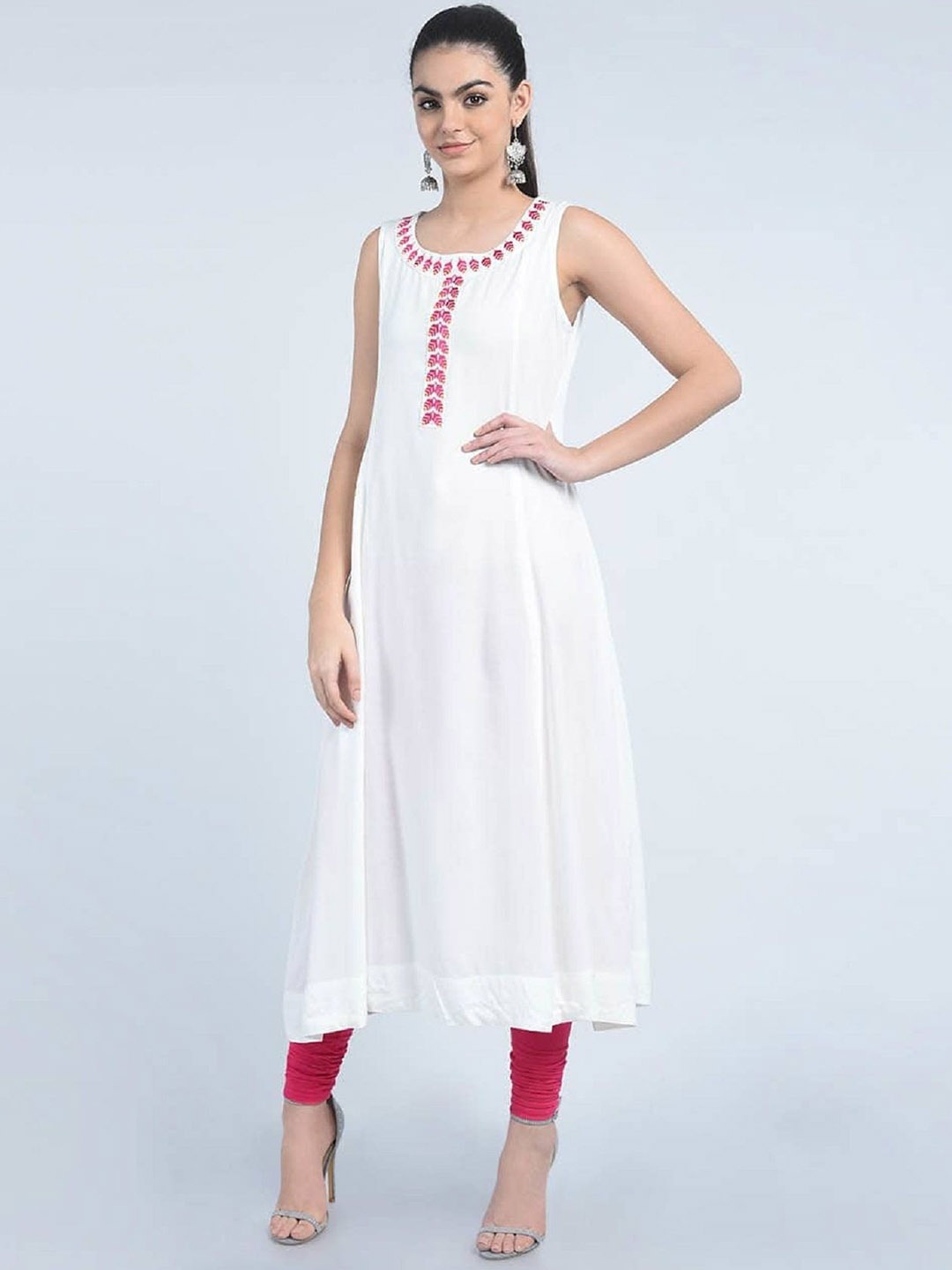 

Rubellite Round Neck Sleeveless Floral Embroidered Anarkali Kurta, White