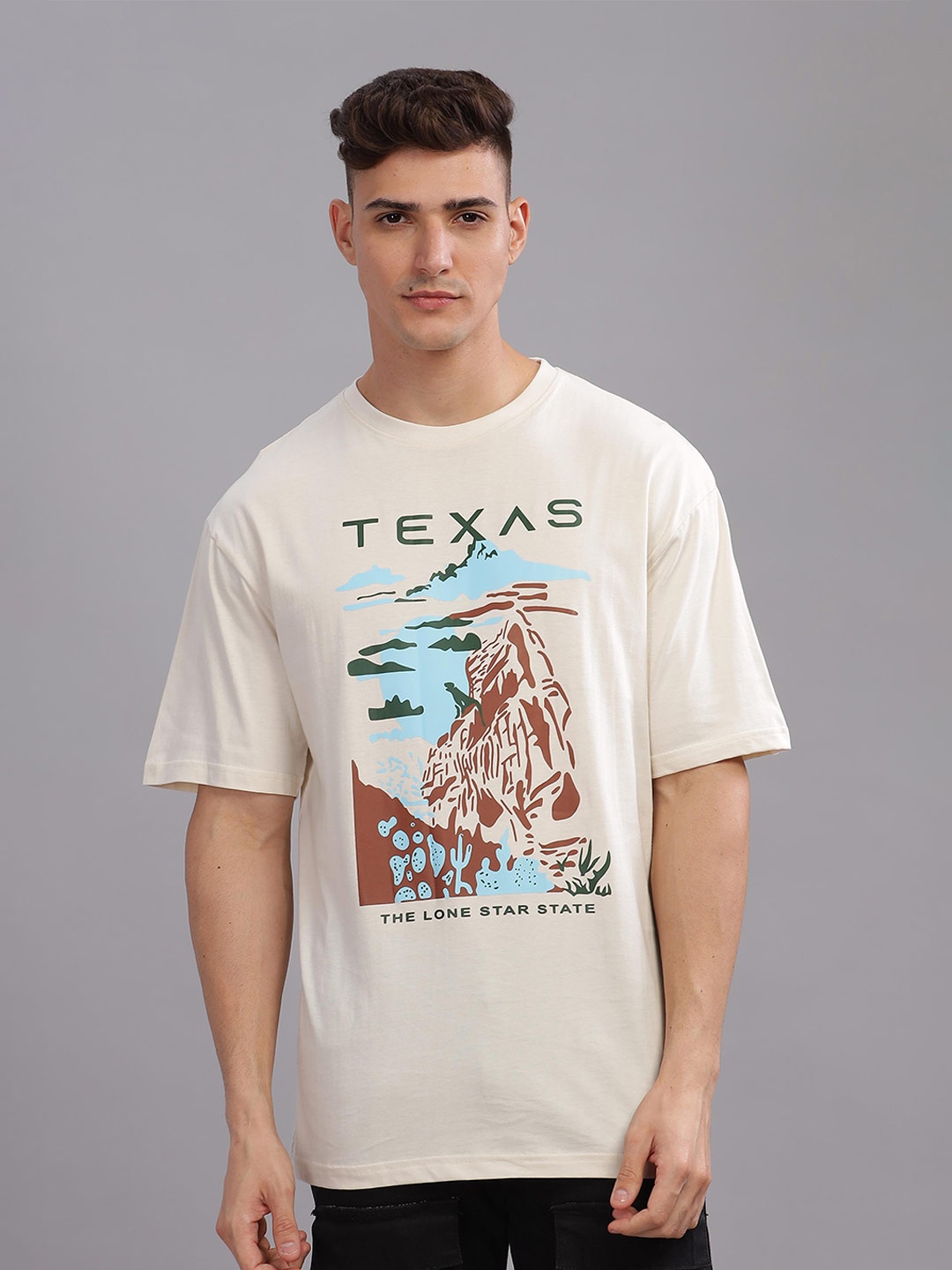 

TOMHIDDLE Men Graphic Printed Oversized T-shirt, Cream