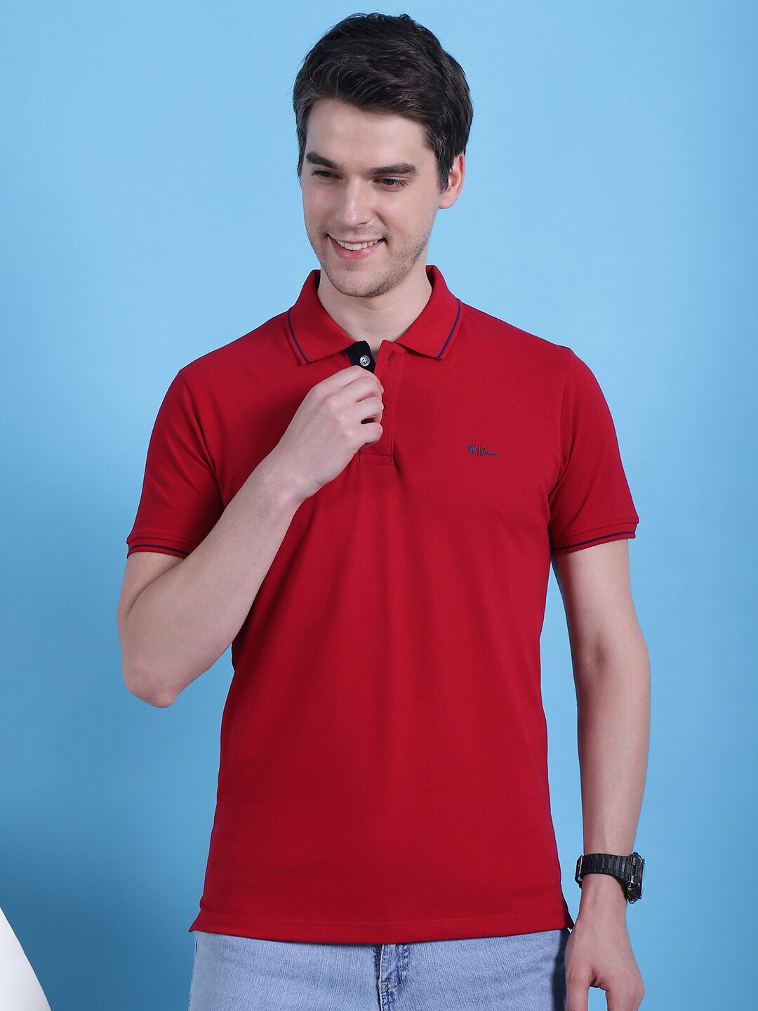 

VENITIAN Men Cherry Red Polo Collar Slim Fit T-shirt