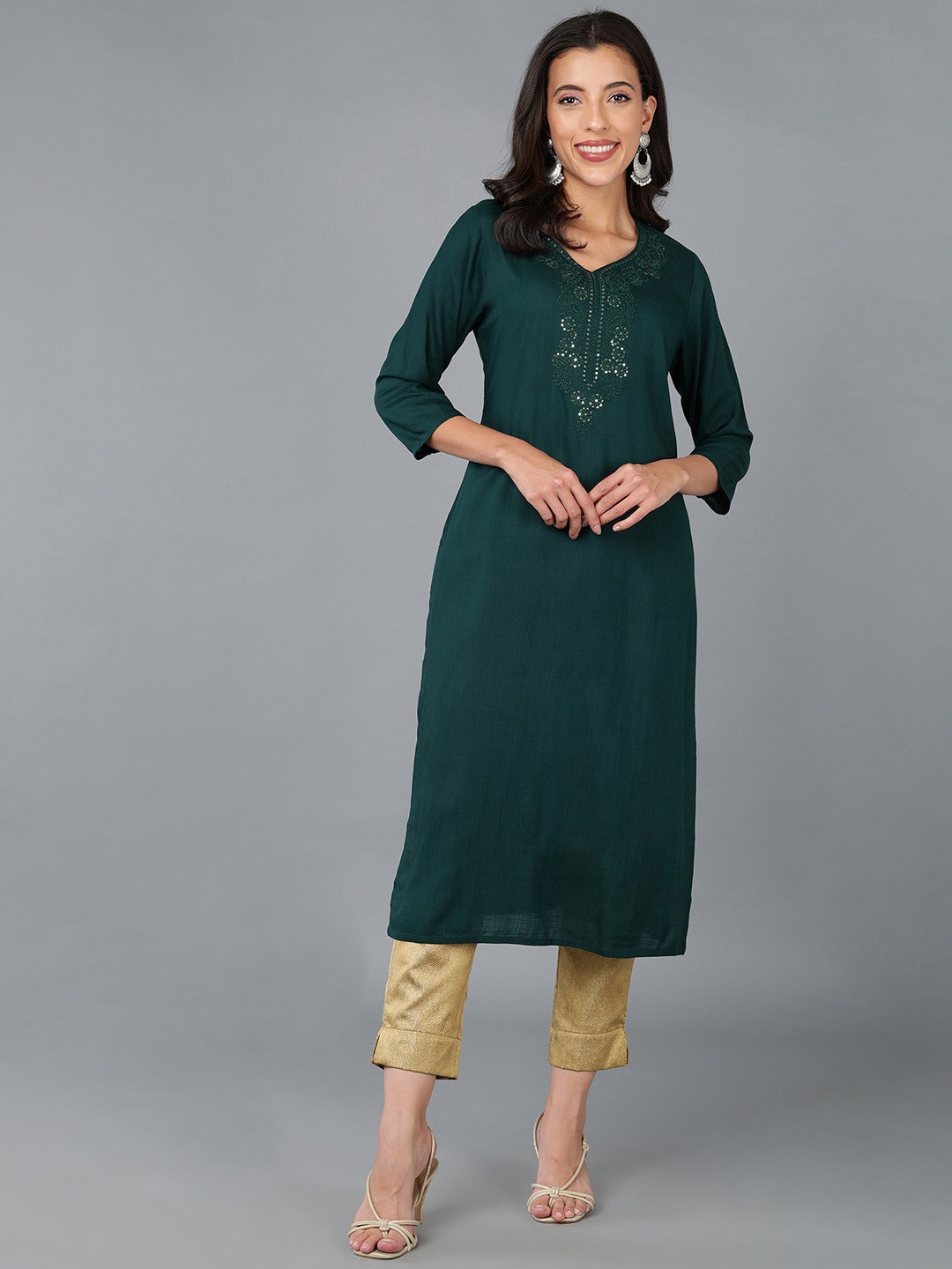 

KALINI Sequin Embroidered V Neck Straight Kurta, Green