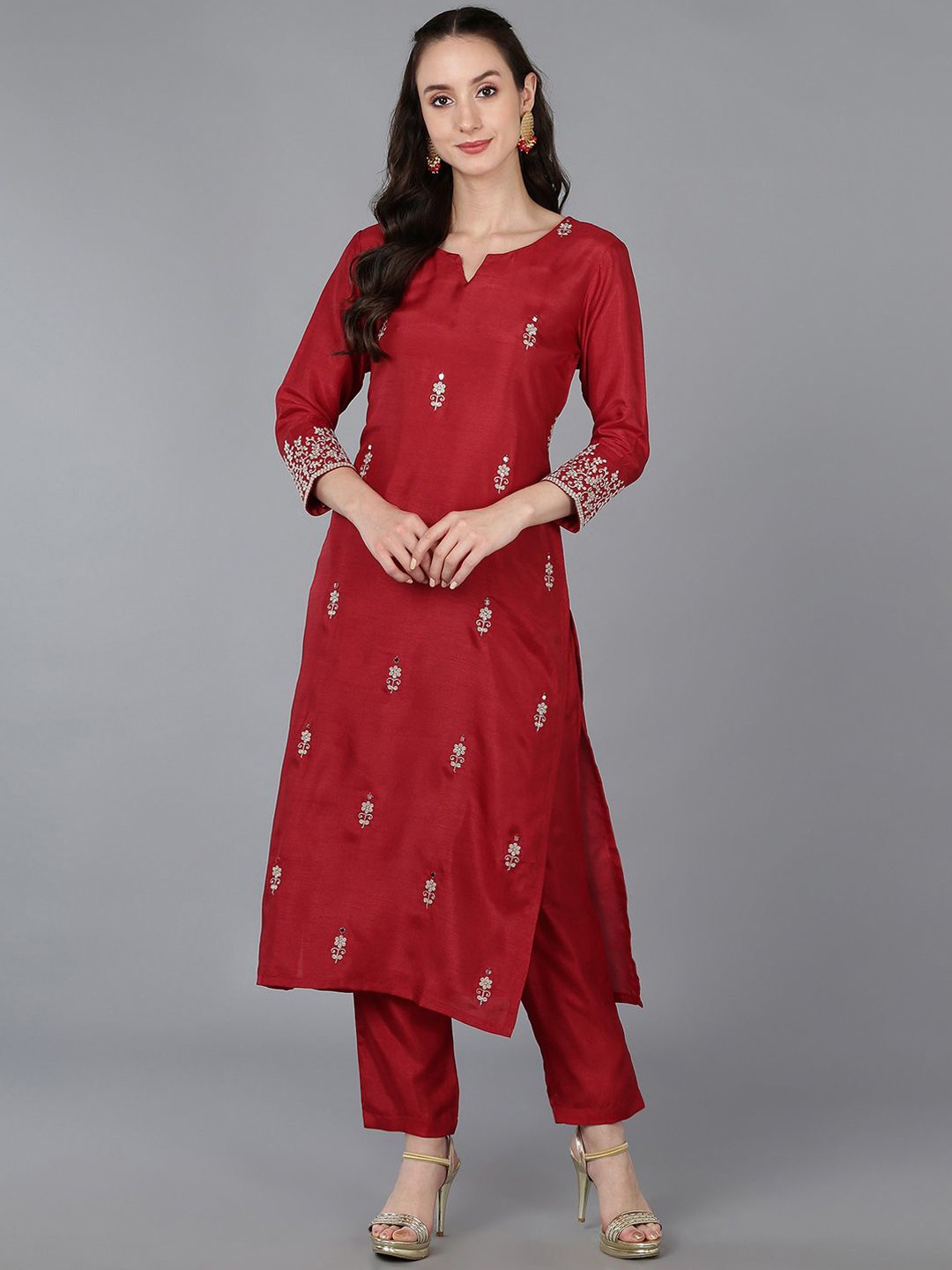 

KALINI Floral Embroidered Notch Neck Thread Work Straight Kurta, Red
