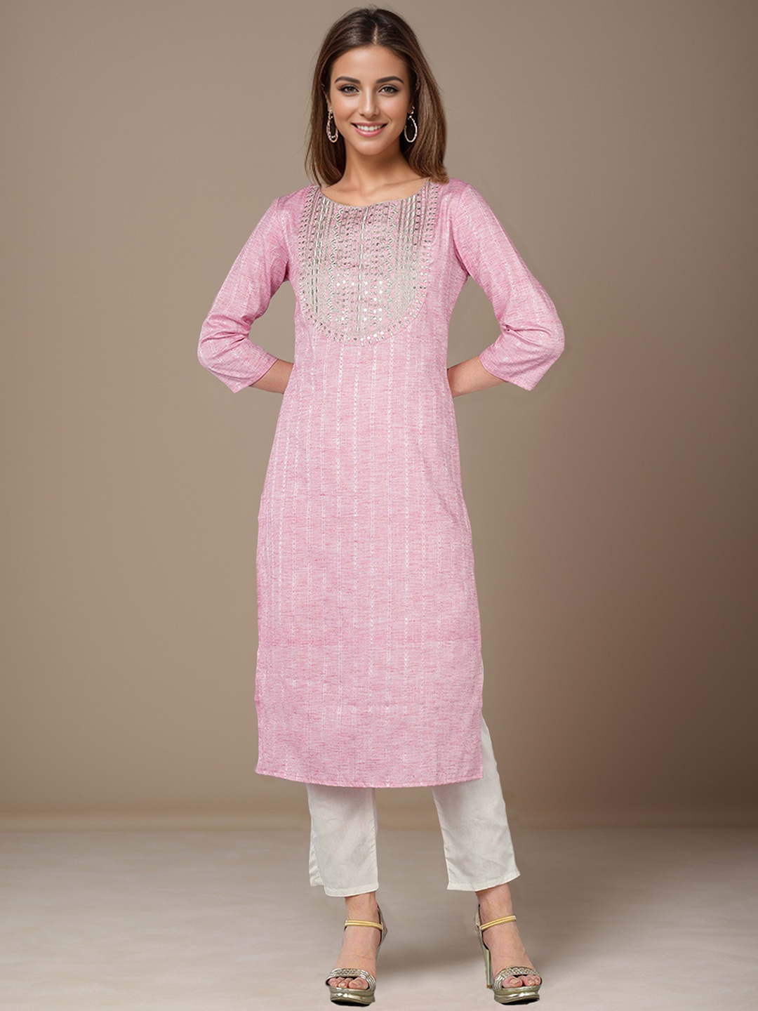 

KALINI Striped Round Neck Sequinned Straight Kurta, Pink