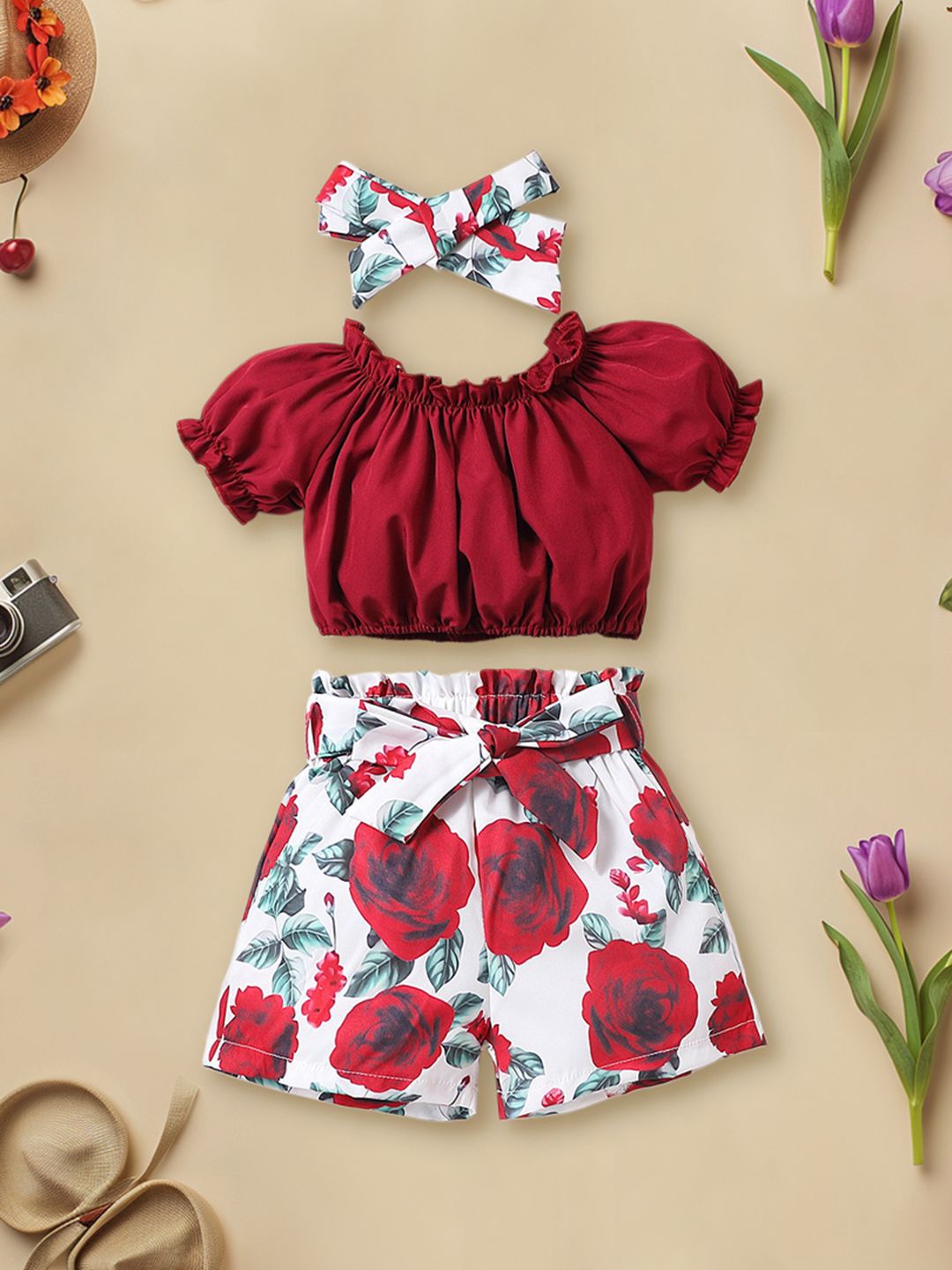 INCLUD Girls Printed Top with Shorts & Headband Set, Maroon