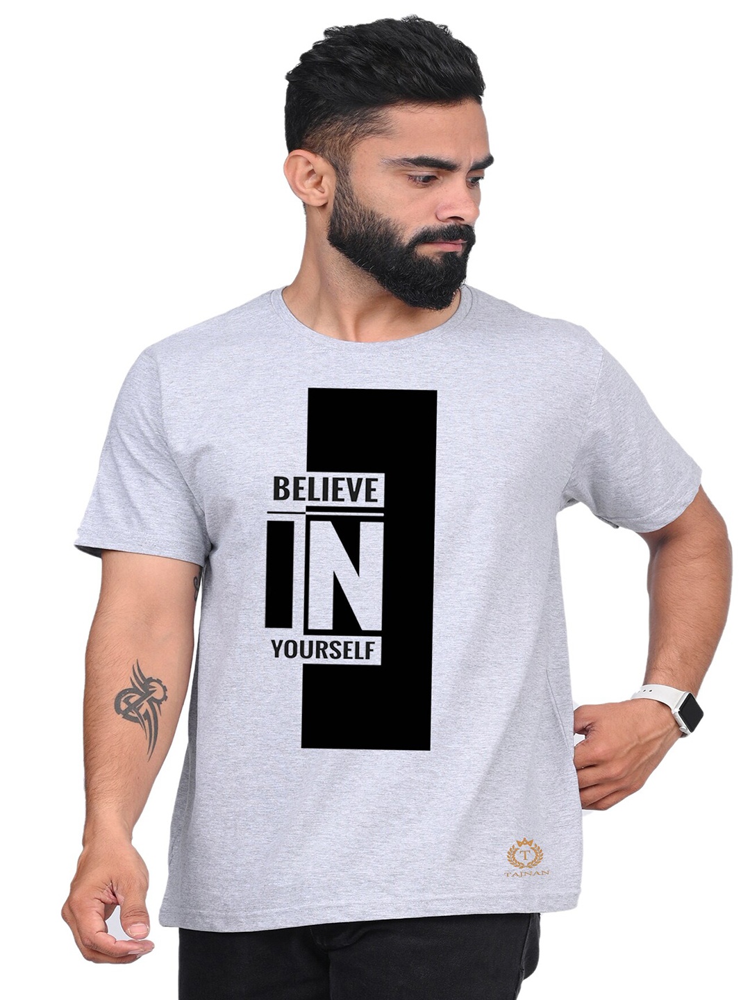 

TAJNAN Men Typography Printed Cotton T-shirt, Grey