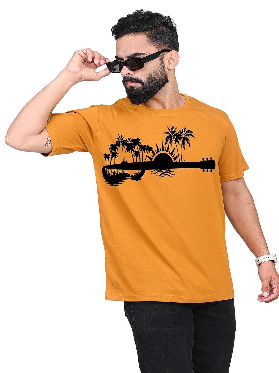 

TAJNAN Men Tropical Printed Cotton T-shirt, Orange