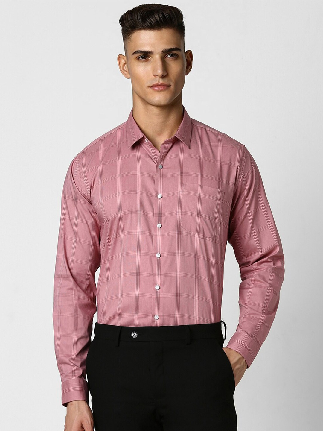 

Van Heusen Spread Collar Slim Fit Checked Cotton Formal Shirt, Pink