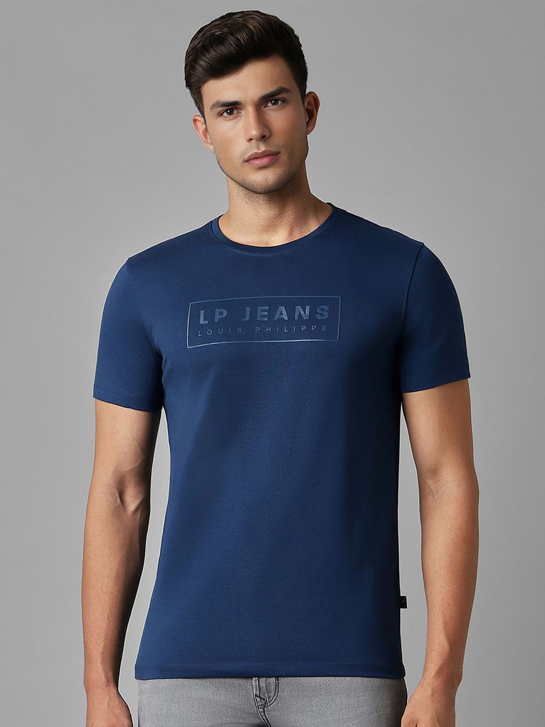 

Louis Philippe Jeans Men Typography Printed Slim Fit Cotton T-shirt, Navy blue