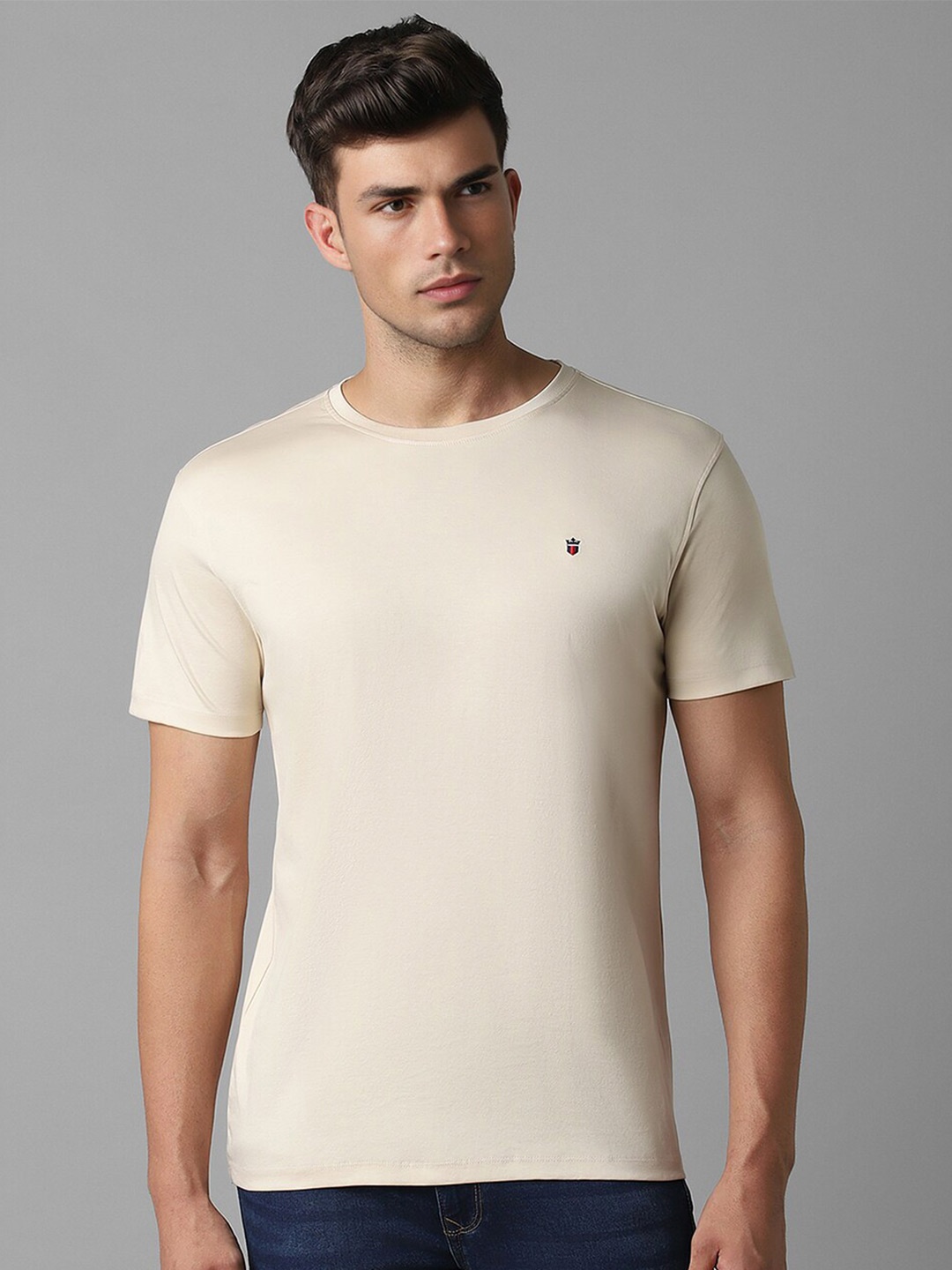 

Louis Philippe Jeans Men Round Neck Slim Fit Cotton T-shirt, Cream