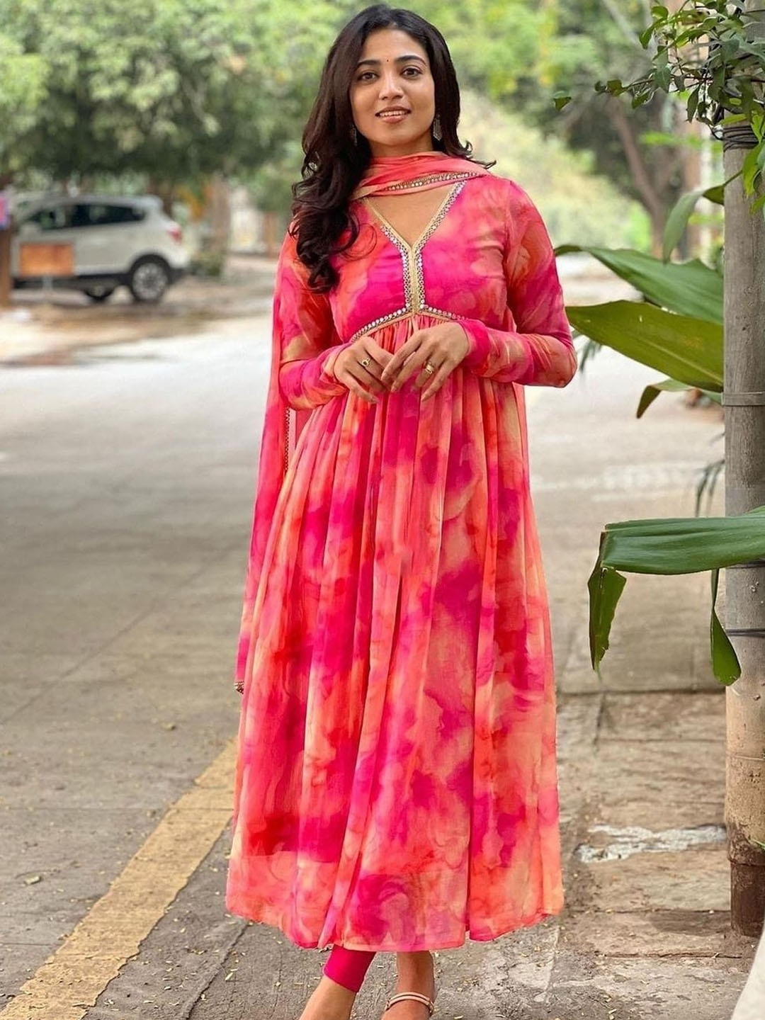 

Anouk Pink Floral Printed Empire Mirror Work Silk Georgette Kurta with Trousers & Dupatta