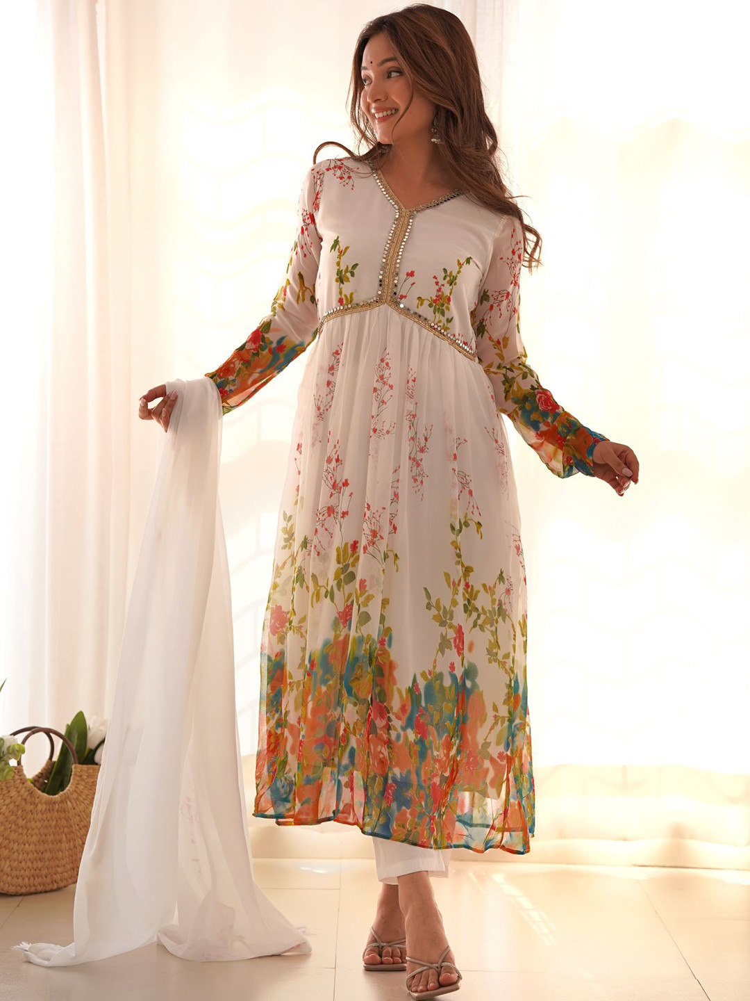 

Anouk Off White Floral Printed Pleated Mirror Work Silk Georgette Kurta &Trousers &Dupatta
