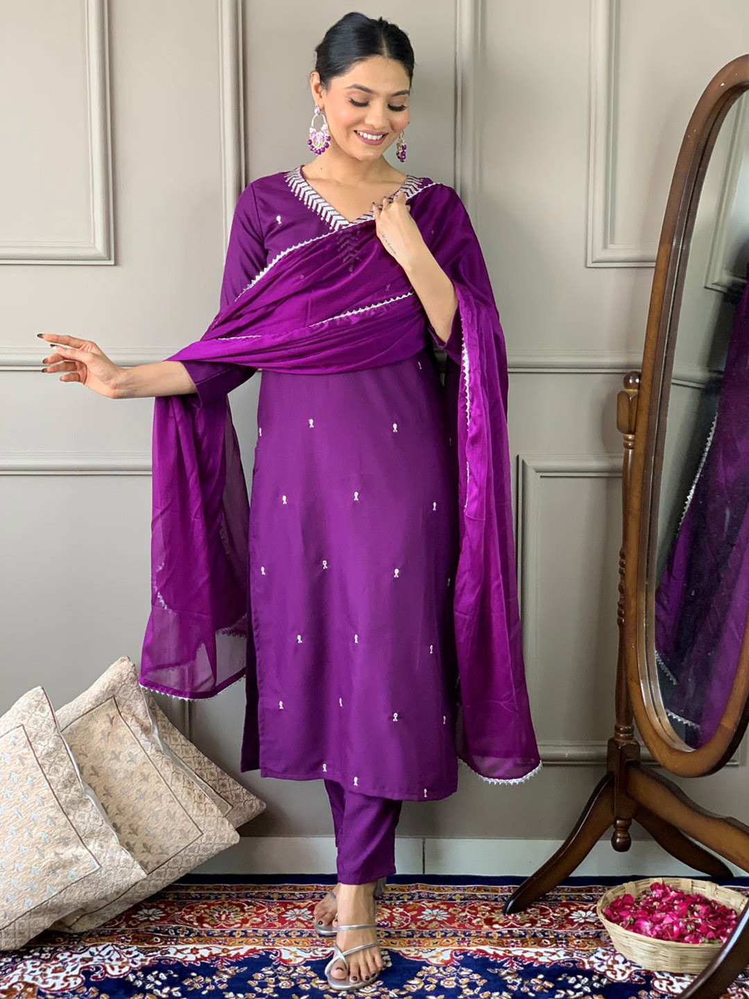 

Anouk Purple Floral Yoke Design Regular Sequinned Kurta with Trousers & Dupatta