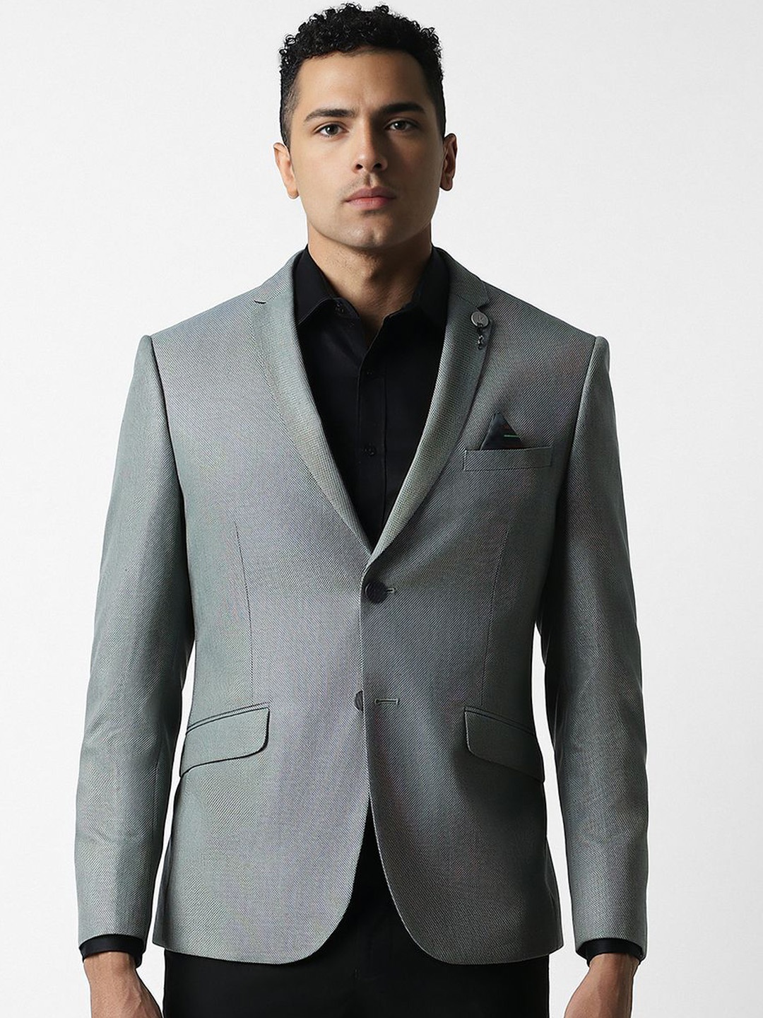 

V Dot Men Grey Textured skinny Casual Checked Slim-Fit Single-Breasted Formal Blazer