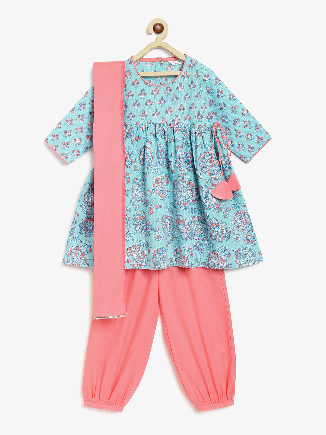 

Campana Girls Floral Printed Kantha Work Cotton Anarkali Kurti With Salwar & Dupatta, Blue