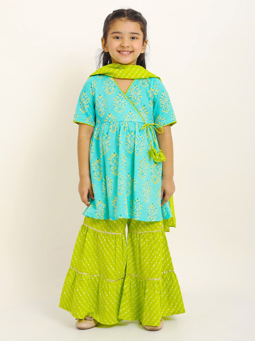 

Campana Girls Ethnic Motifs Printed Angrakha Anarkali Cotton Kurti With Sharara & Dupatta, Turquoise blue