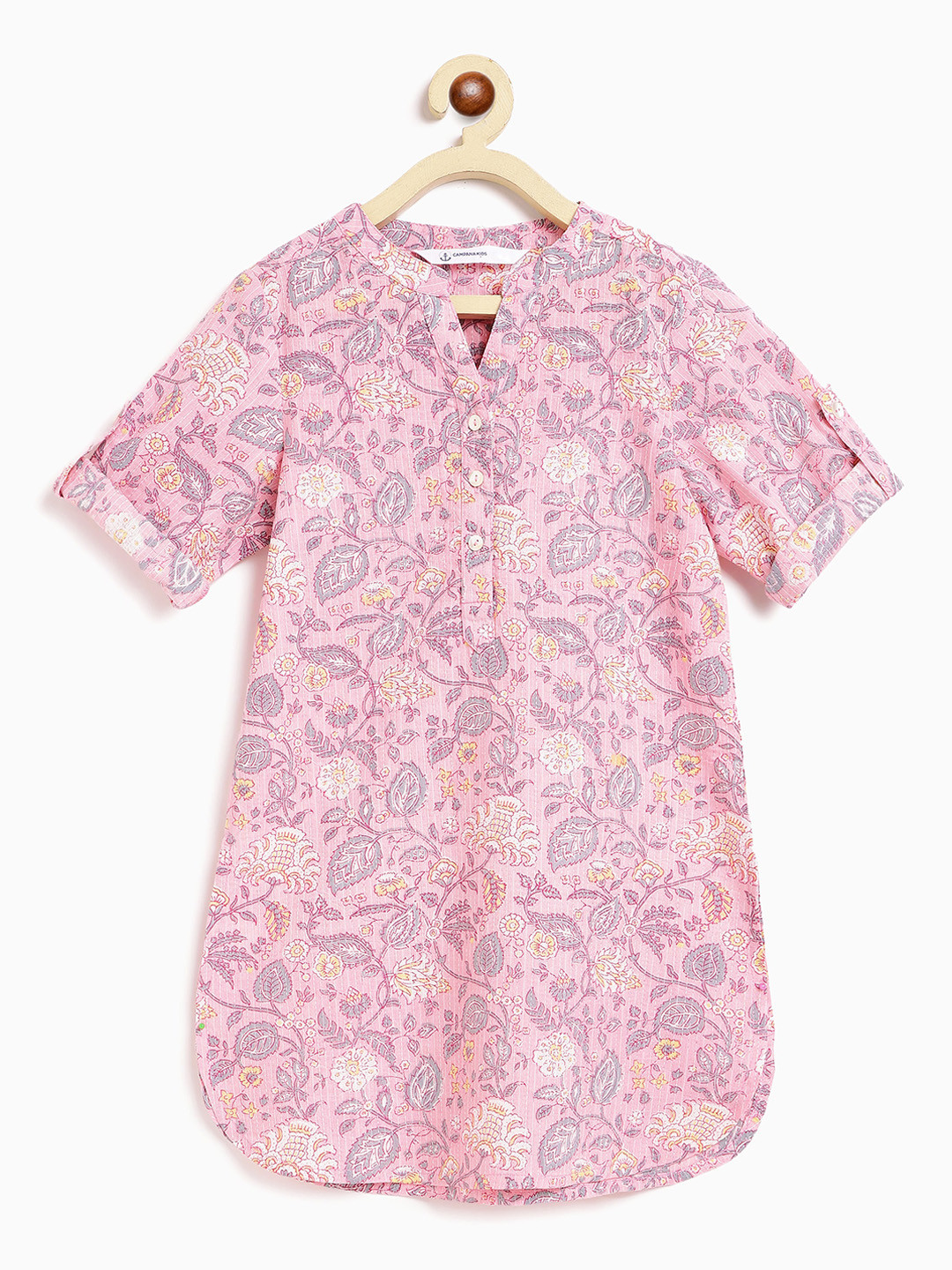 

Campana Girls Floral Printed Mandarin Collar Roll-Up Sleeves Cotton A-Line Kurta, Pink