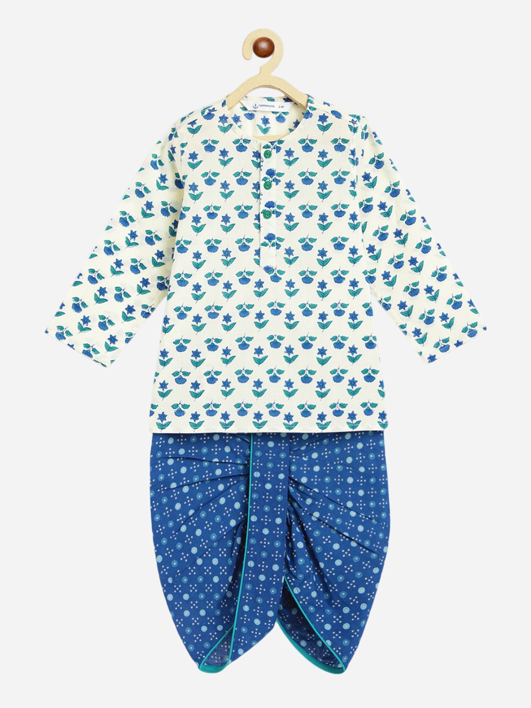 

Campana Boys Floral Printed Round Neck Pure Cotton Kurta With Dhoti Pants, White