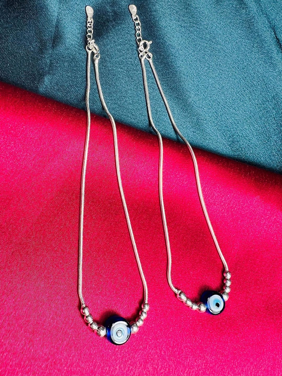 

Arte Jewels Set of 2 925 Sterling Silver Evil Eye Beads Anklets