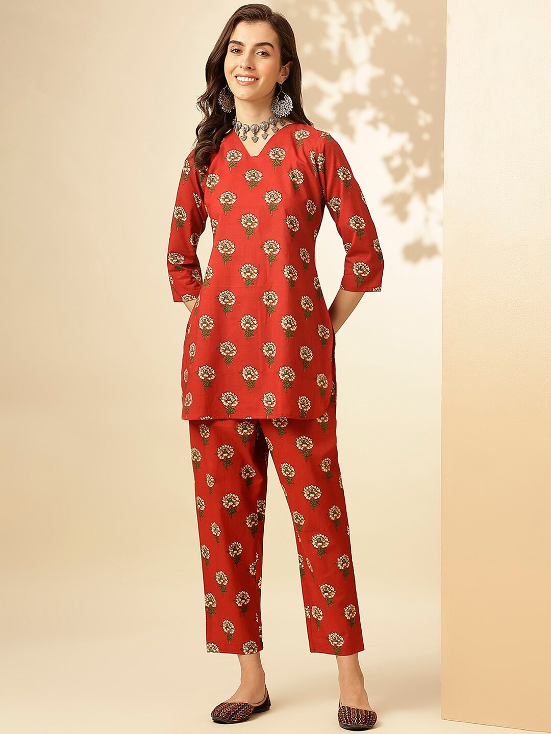 

Shaily Red Floral Printed V-Neck Tunic & Trousers
