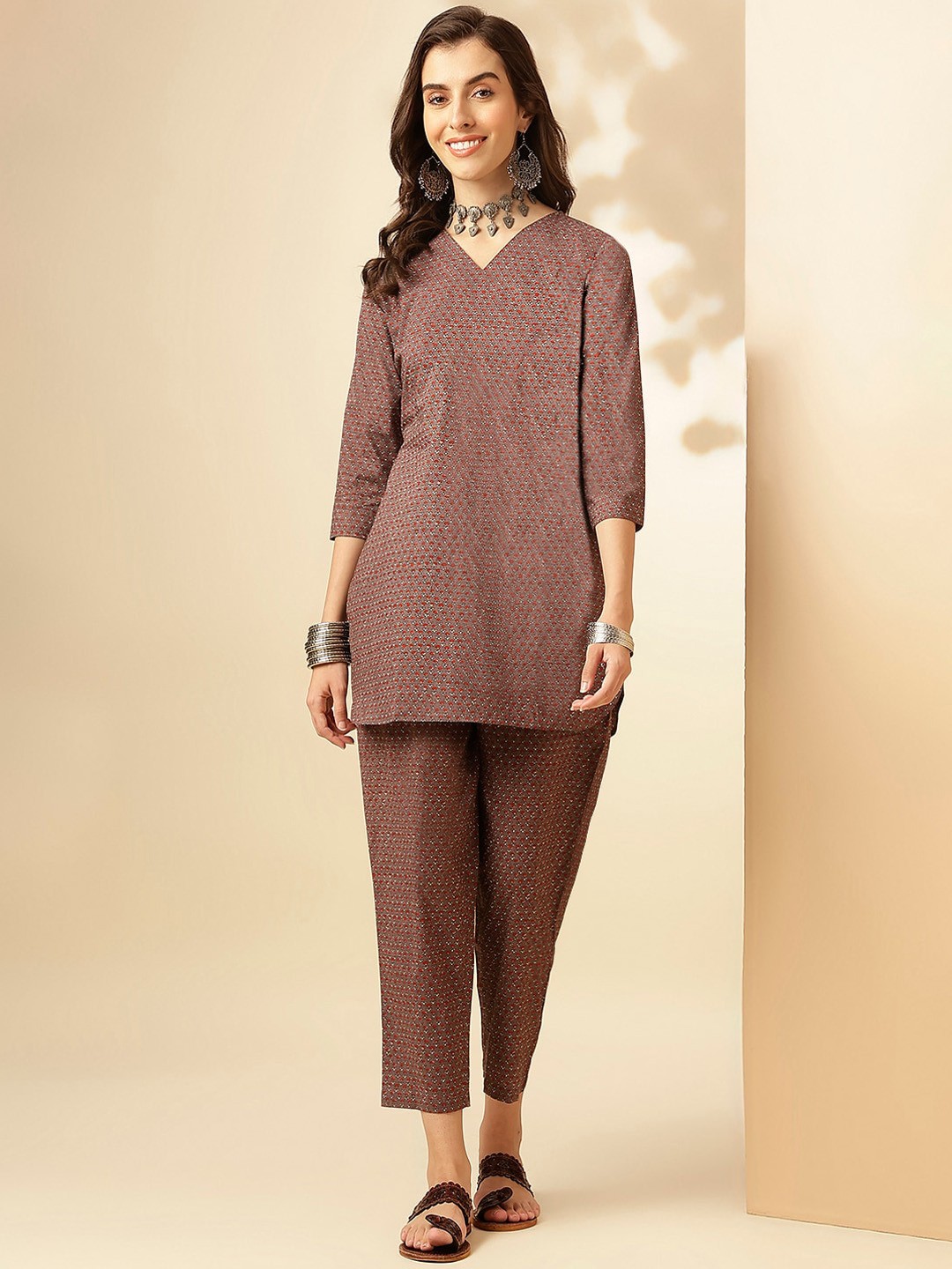 

Shaily Grey Floral Printed V-Neck Tunic & Trousers