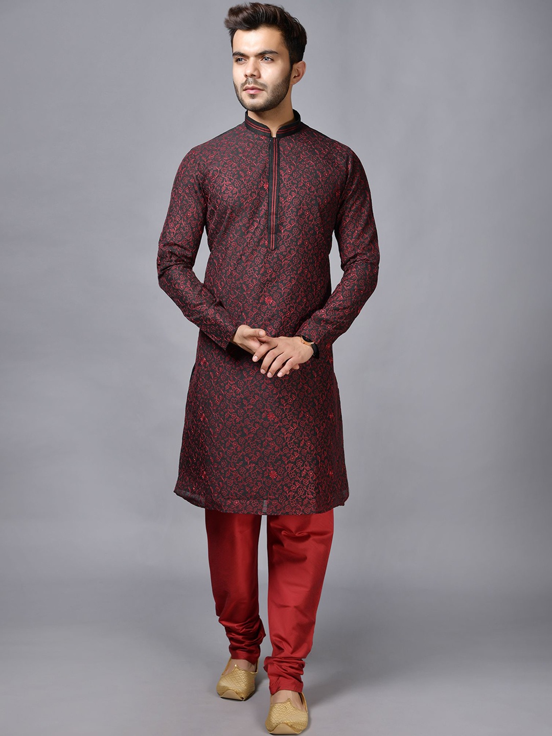

LA'SCOOT Floral Embroidered Regular Thread Work Kurta with Pyjamas, Maroon