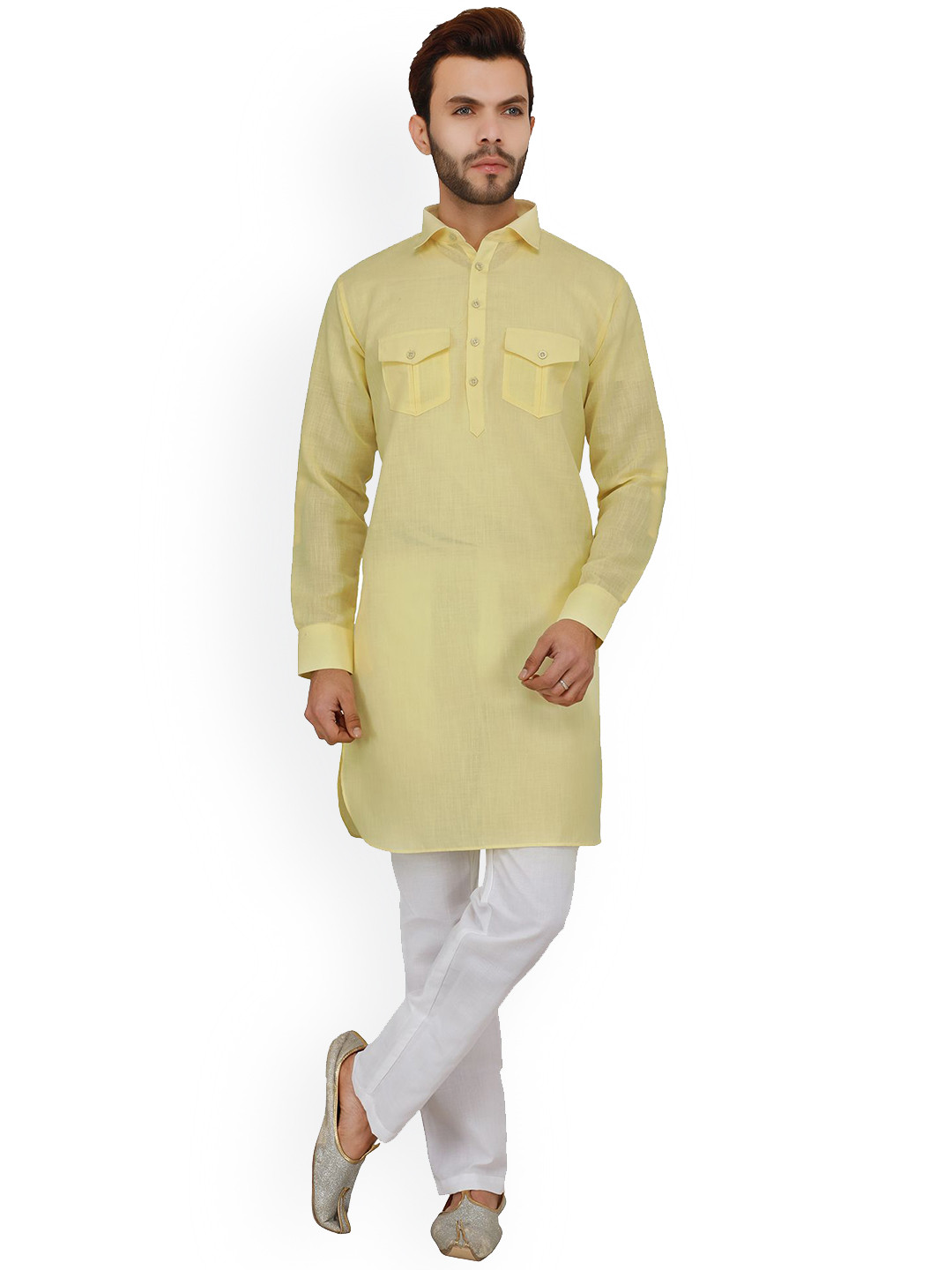 

LA'SCOOT Shirt Collar Long Sleeves Straight Kurta with Pyjama, Yellow