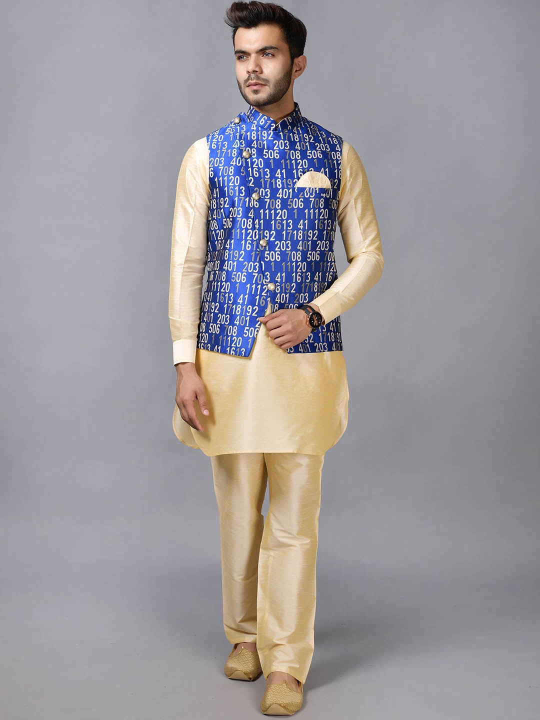 

LA'SCOOT Mandarin Collar Ethnic Motifs Regular Pathani Kurta with Pyjamas, Blue