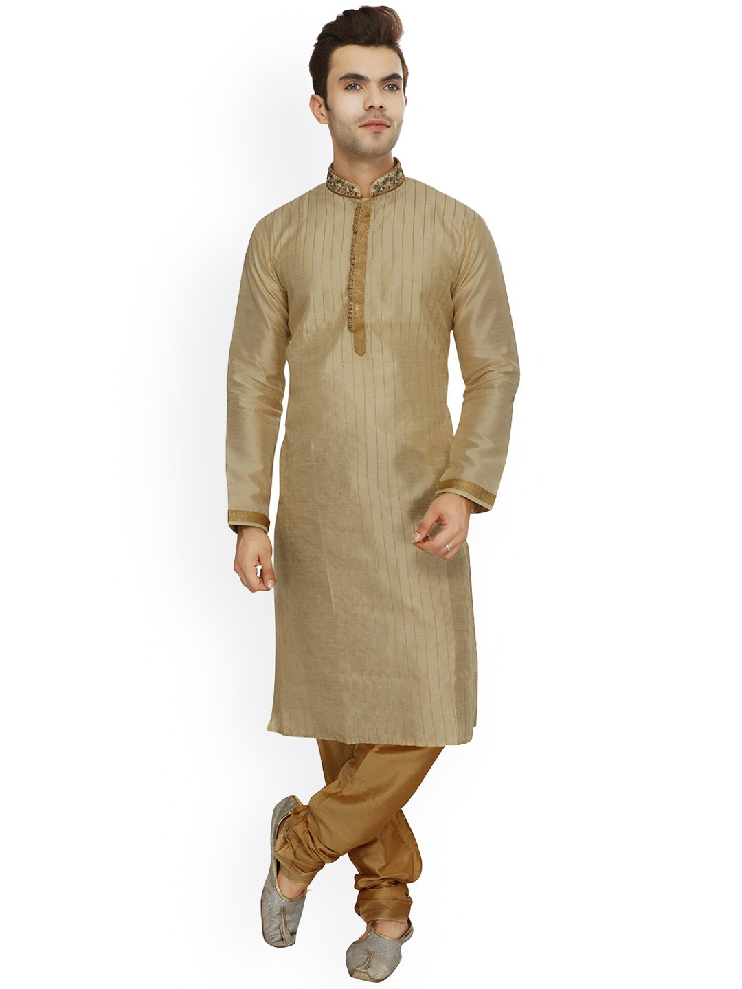 

LA'SCOOT Men Striped Regular Kurta with Pyjamas, Gold