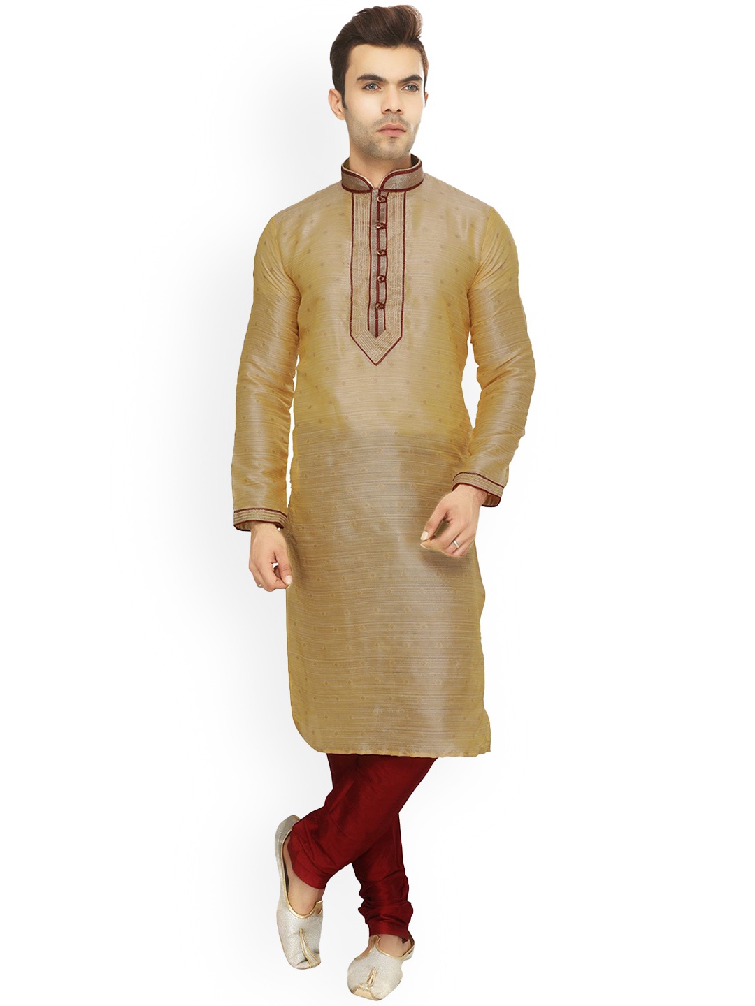 

LA'SCOOT Mandarin Collar Ethnic Embroidered Straight Kurta with Pyjama, Beige