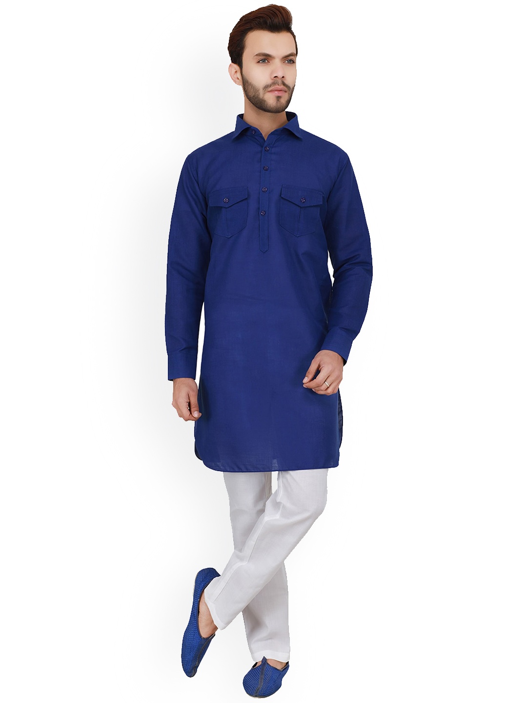 

LA'SCOOT Shirt Collar Pathani Kurta with Trousers, Blue