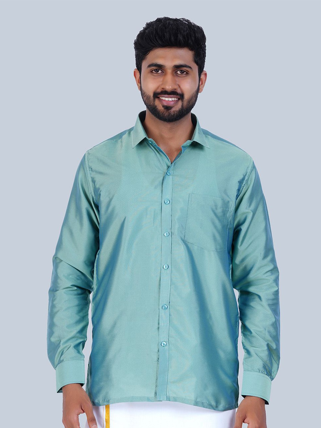 

THANGAMAGAN Standard Spread Collar Semi Sheer Shirt, Sea green