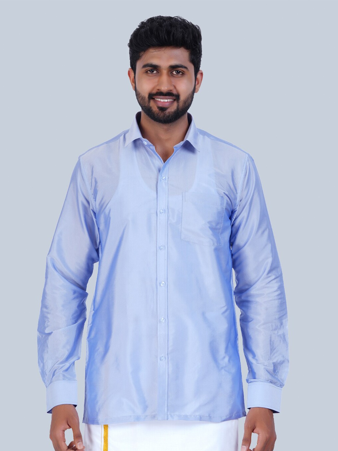

THANGAMAGAN Standard Spread Collar Semi Sheer Shirt, Blue