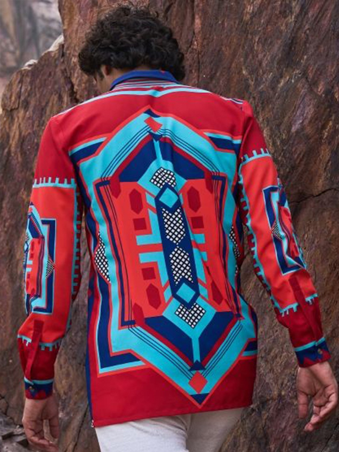 

Dash and Dot Abstract Printed Spread Collar Long Sleeves Shirt, Red