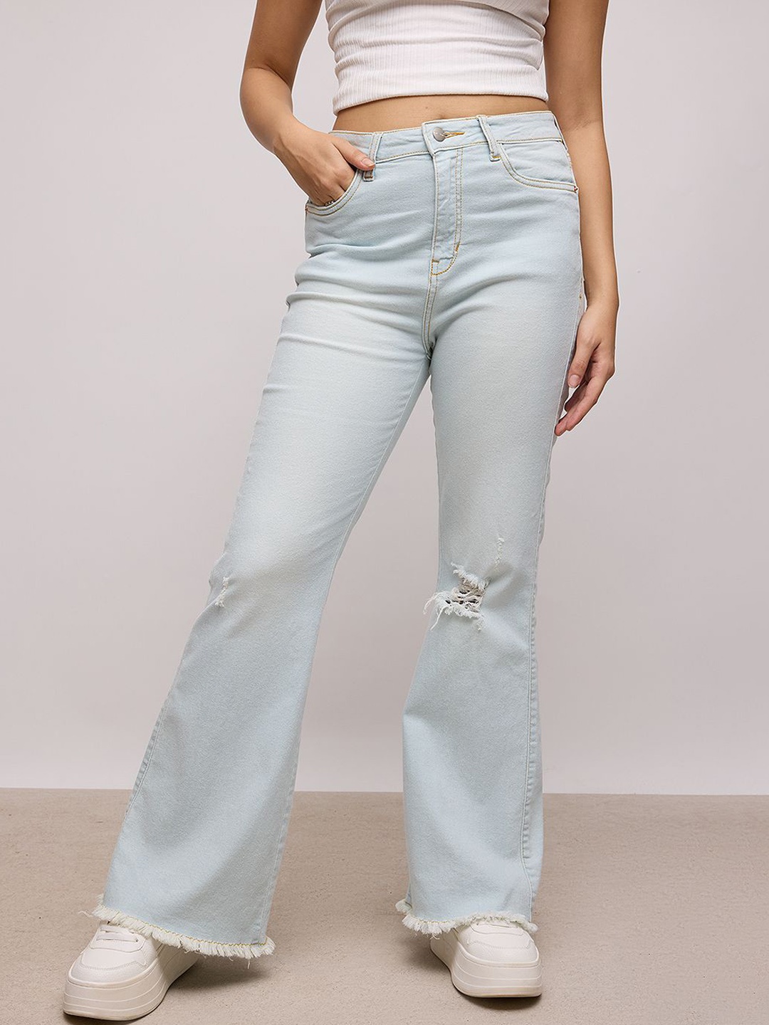 

FREAKINS Women Blue Bootcut Light Fade High-Rise Slash Knee Cotton Jeans