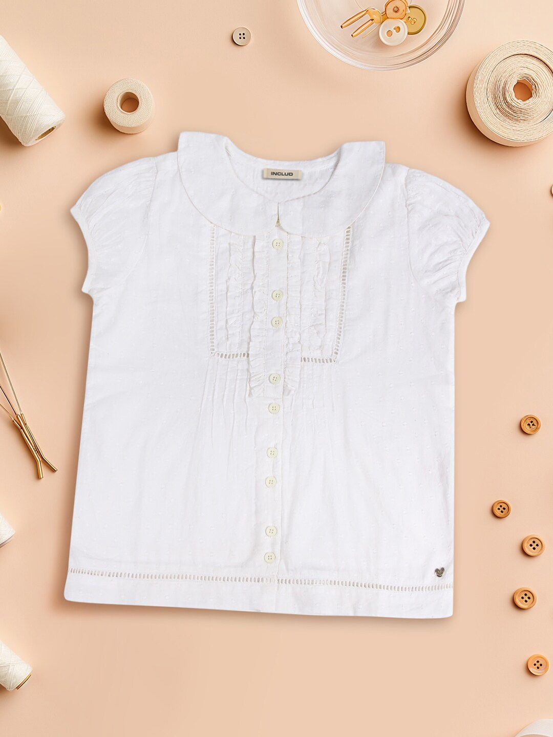 

INCLUD Girls Peter Pan Collar Ruffles Solid Top, White