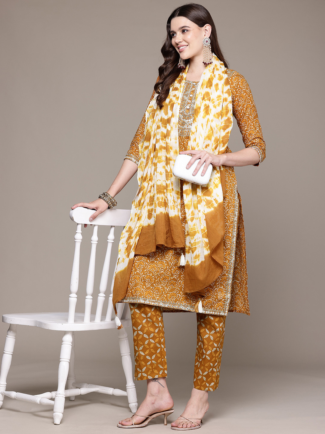 

Readiprint Floral Printed Sequinned Pure Cotton Kurta With Trousers & Dupatta, Mustard