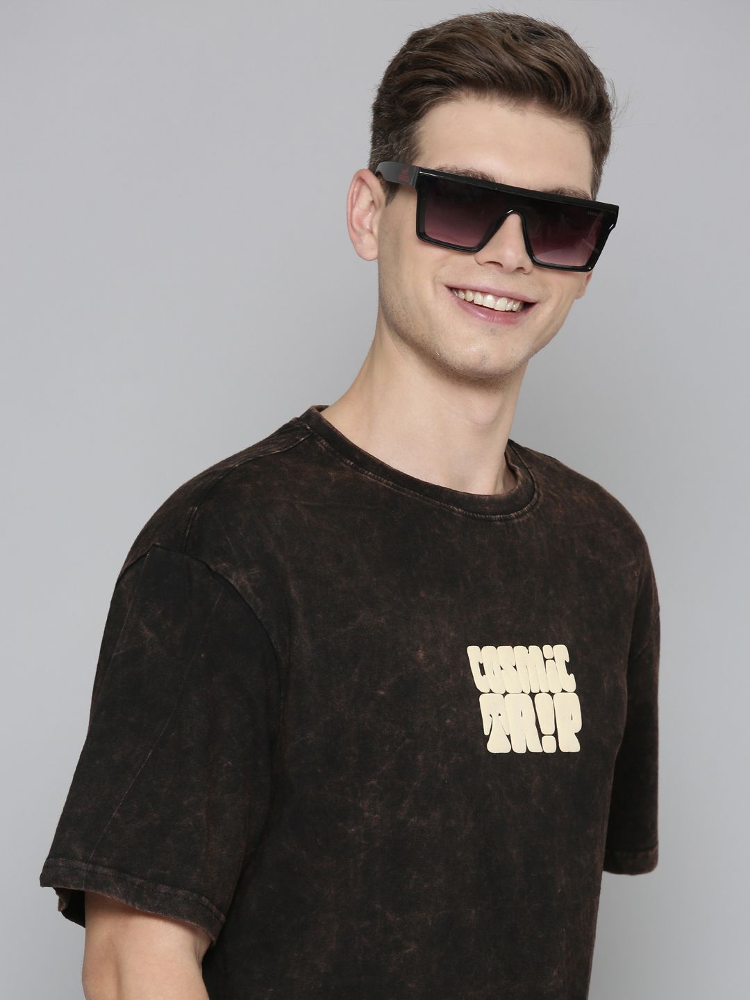 

recast Men Typography Printed Oversized Bio Finish Cotton T-shirt, Black