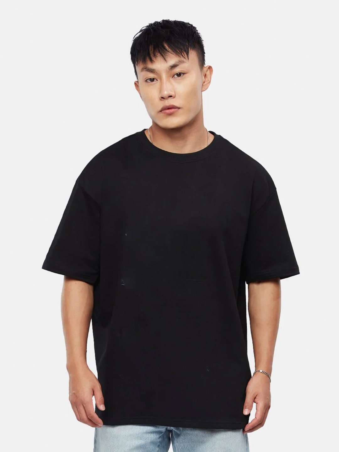 

RARESCAPE Men Round Neck Oversized Cotton T-shirt, Black