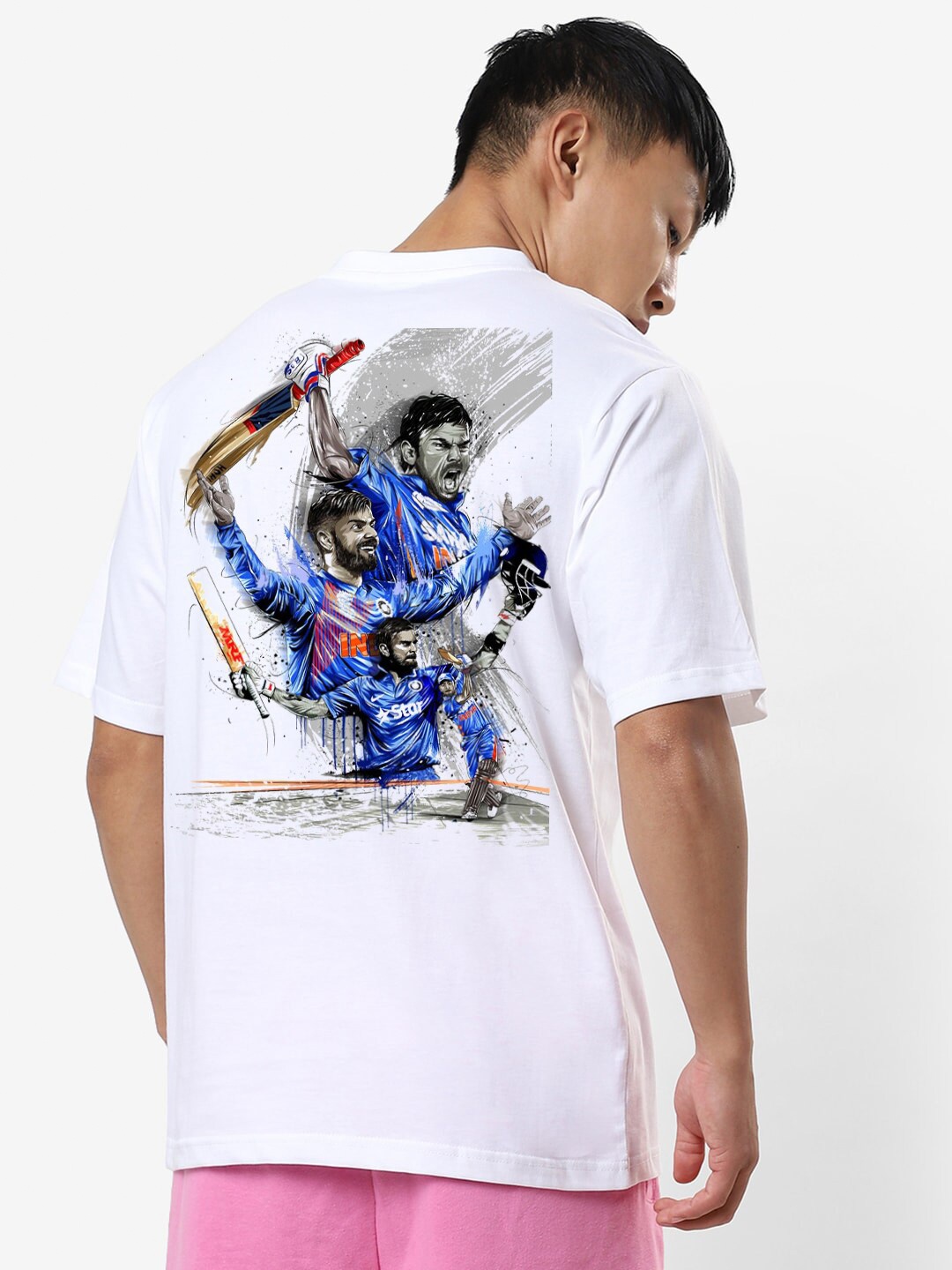 

RARESCAPE Men Printed Round Neck Oversized Cotton T-shirt, White