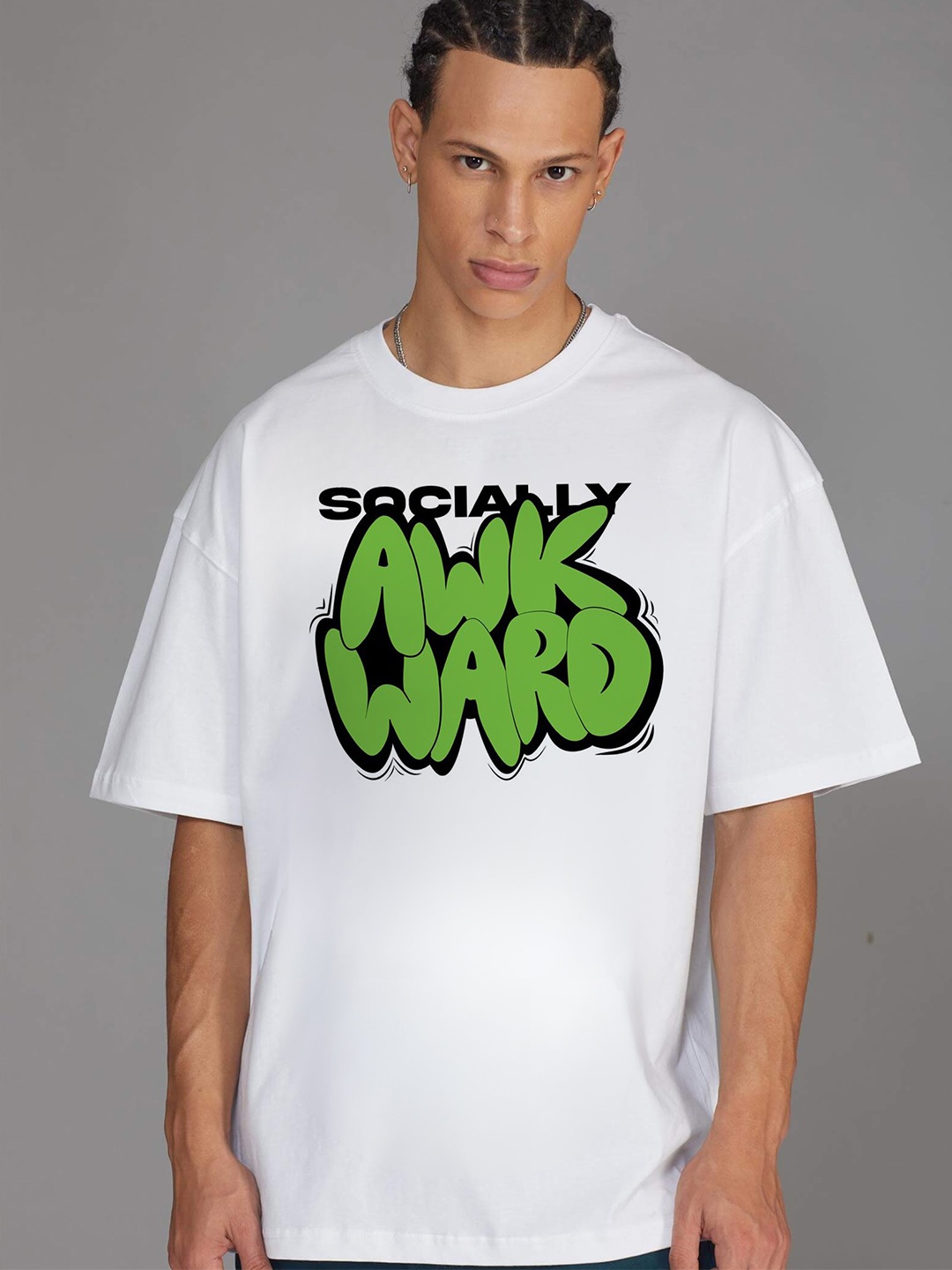 

RARESCAPE Men Typography Printed Oversized Cotton T-shirt, White