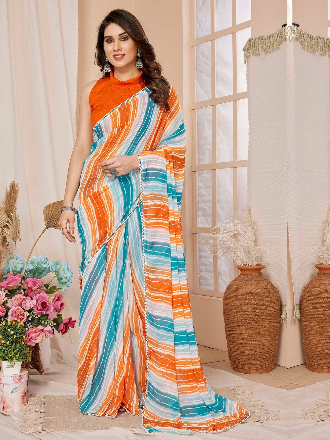 Panzora Striped Ready to Wear Saree, Orange
