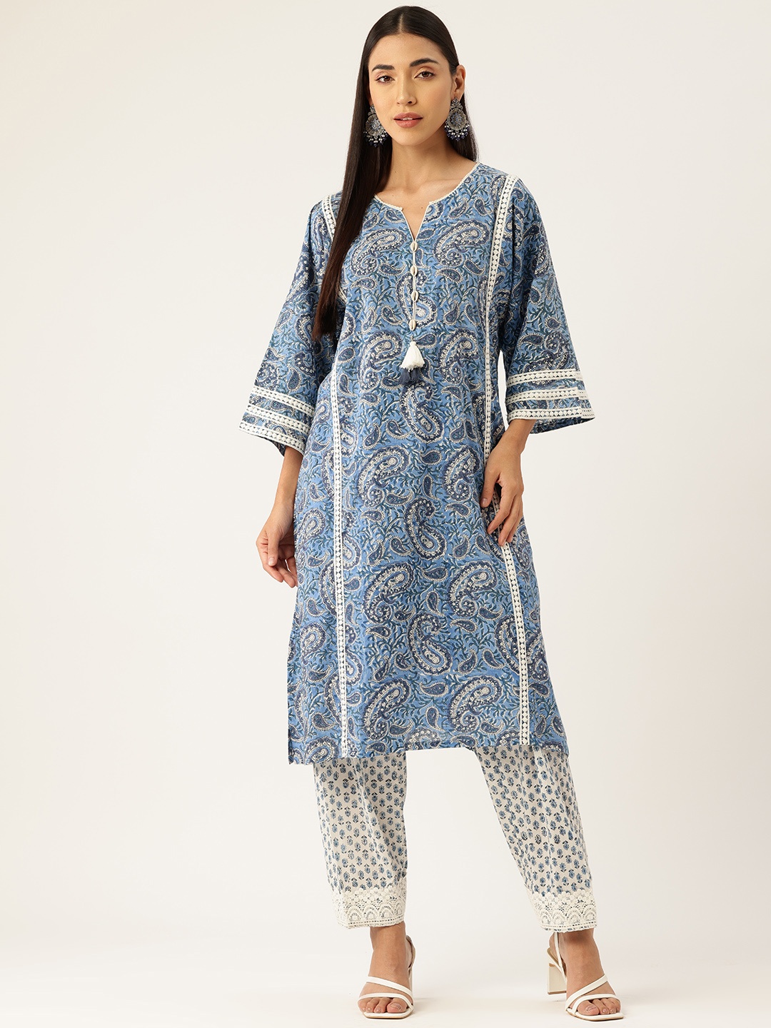 

Jaipur Morni Paisley Printed Panelled Beads & Stones Pure Cotton Kurta with Salwar, Blue