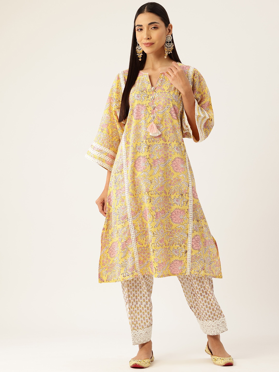 

Jaipur Morni Floral Printed Panelled Beads & Stones Pure Cotton Kurta with Salwar, Yellow