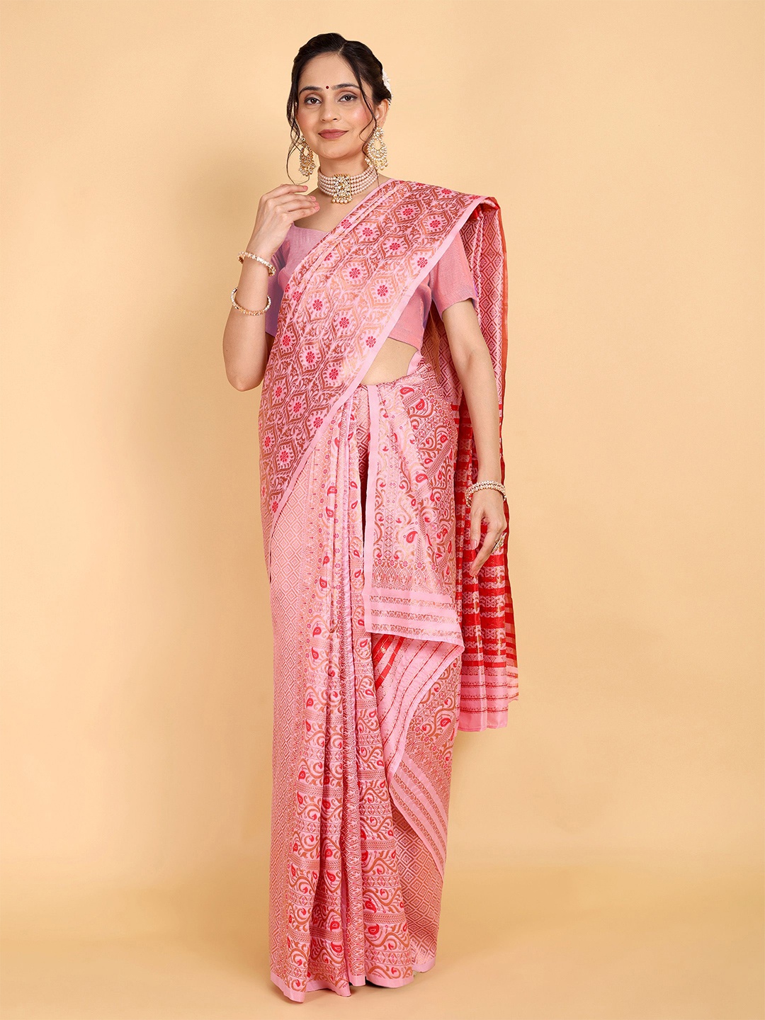 

Rose Villa Assamese Mekhela Chador Saree, Pink