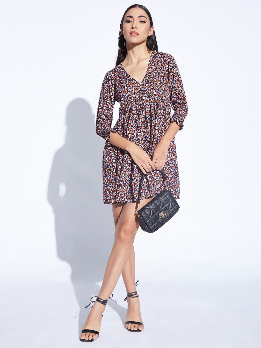 

DEPANO Floral Printed V-Neck Smocked Fit & Flare Mini Dress, Black